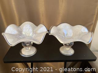 Set of 2 Cure Opalescent Glass Compote Candy Dishes